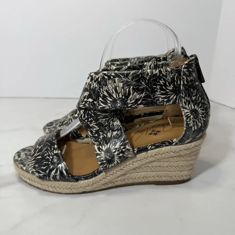 PATRICIA NASH Rubia Jute Wedge Sandal Size 6.5M Black Floral Leather Strappy EUC